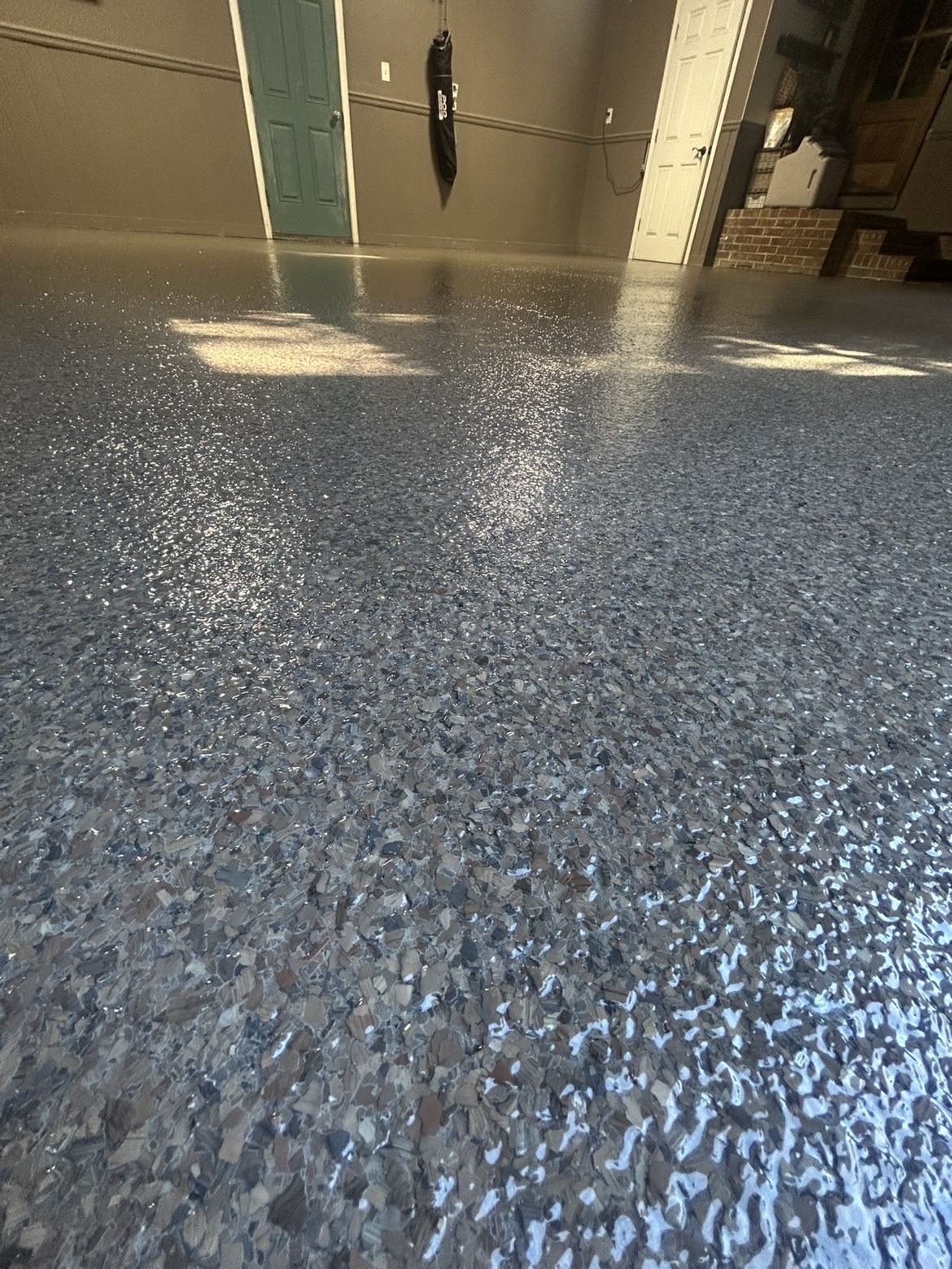 Finished flake epoxy floor close-up